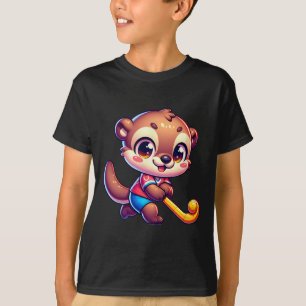 Otter Field Hockey Cartoon Player Cute Sports Masc T-Shirt