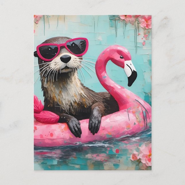 Otter Floating on a Pink Flamingo Funny Collage Postcard (Front)