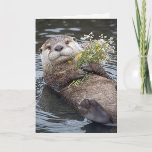 Otter Floating with Wildflower Bouquet Card (Front)