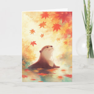 Otter Gaze Beneath Falling Leaves Card