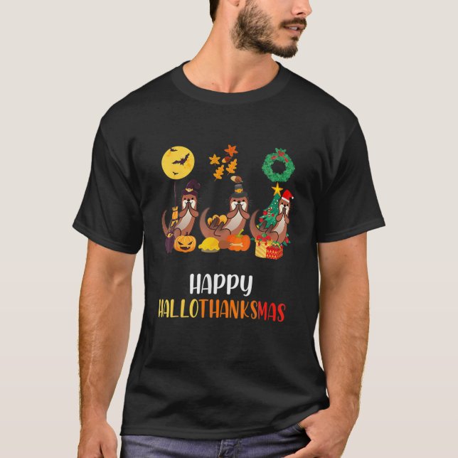 Otter Halloween Pup Christmas Happy Hallothanksmas T-Shirt (Front)