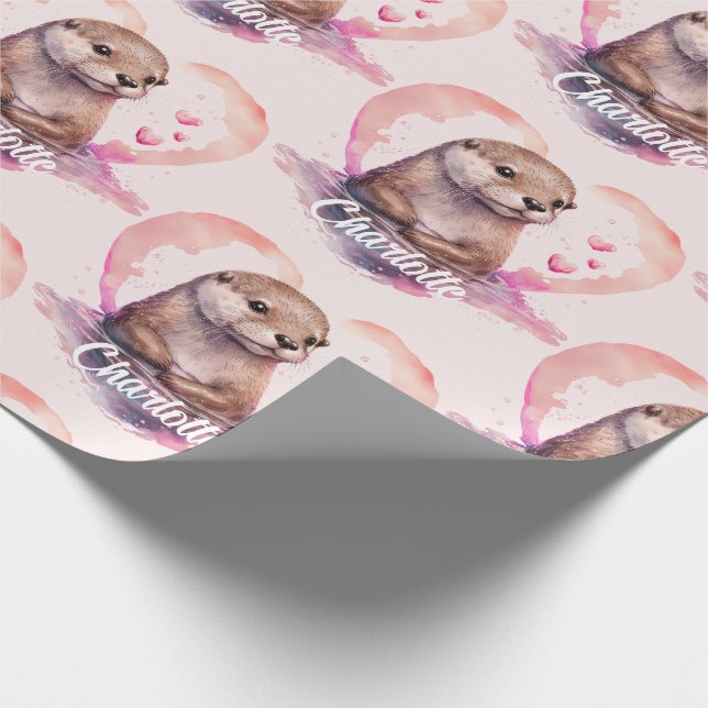 Otter Heart Watercolor Add Name Wrapping Paper (Corner)