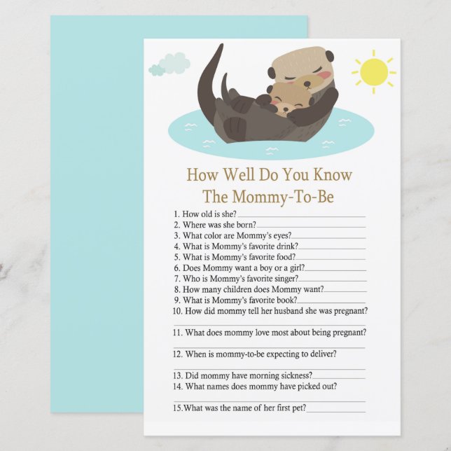 Otter how well do you know baby shower game (Front/Back)