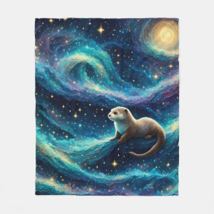 Otter in a Starry Night Ocean Fleece Blanket