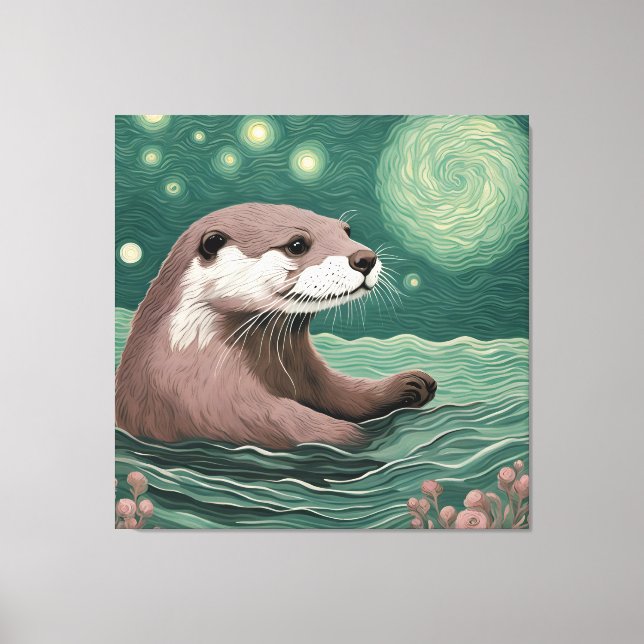 Otter in a Starry Night Ocean Sage and Rose Colour Canvas Print (Front)