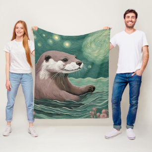 Otter in a Starry Night Ocean Sage and Rose Colour Fleece Blanket
