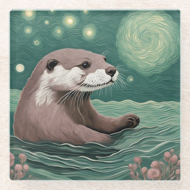 Otter in a Starry Night Ocean Sage and Rose Colour Glass Coaster (Front)
