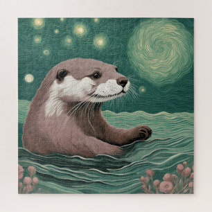 Otter in a Starry Night Ocean Sage and Rose Colour Jigsaw Puzzle