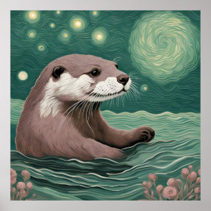 Otter in a Starry Night Ocean Sage and Rose Colour Poster