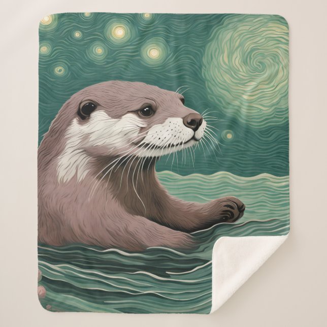 Otter in a Starry Night Ocean Sage and Rose Colour Sherpa Blanket (Front)