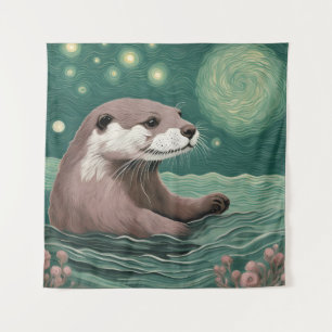 Otter in a Starry Night Ocean Sage and Rose Colour Tapestry