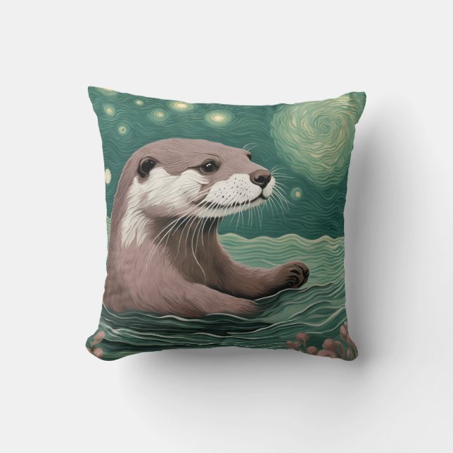 Otter in a Starry Night Ocean Sage and Rose Colour Throw Pillow (Front)