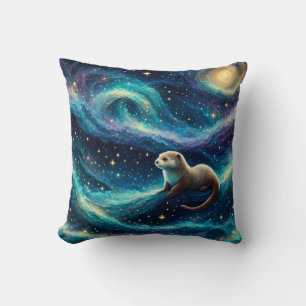 Otter in a Starry Night Ocean Throw Pillow