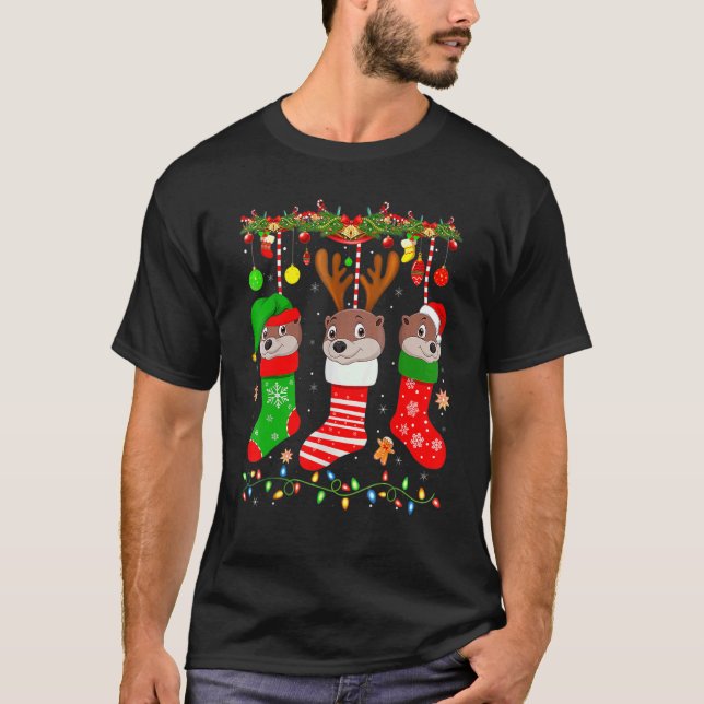 Otter In Christmas Socks Lights Otter Xmas T-Shirt (Front)