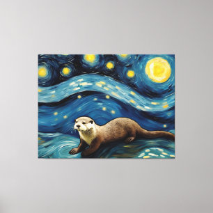 Otter in the Starry Night Sea Canvas Print