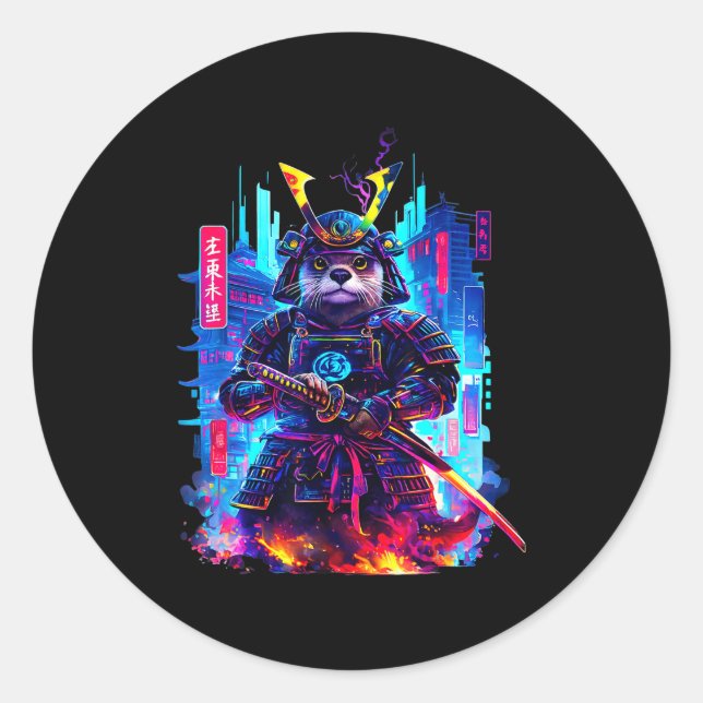 Otter Katana Cyberpunk Neon Samurai Japanese Art  Classic Round Sticker (Front)