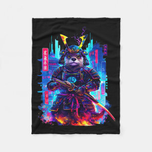 Otter Katana Cyberpunk Neon Samurai Japanese Art  Fleece Blanket