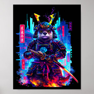Otter Katana Cyberpunk Neon Samurai Japanese Art  Poster