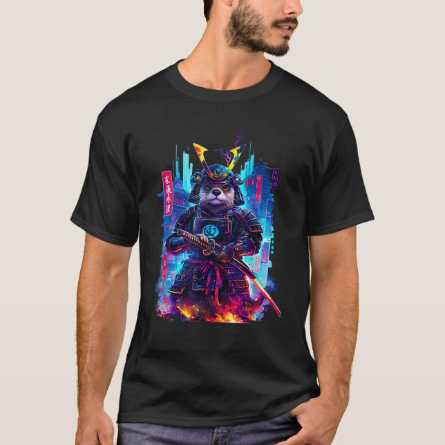Otter Katana Cyberpunk Neon Samurai Japanese Art T-Shirt (Front)