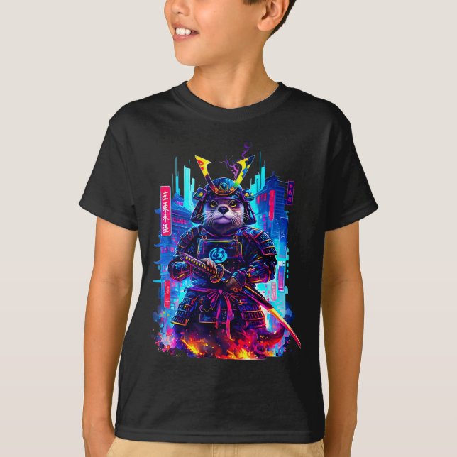Otter Katana Cyberpunk Neon Samurai Japanese Art  T-Shirt (Front)
