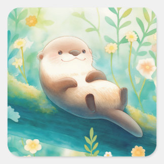 Otter Lying on Log in Spring Green Meadow Square Sticker