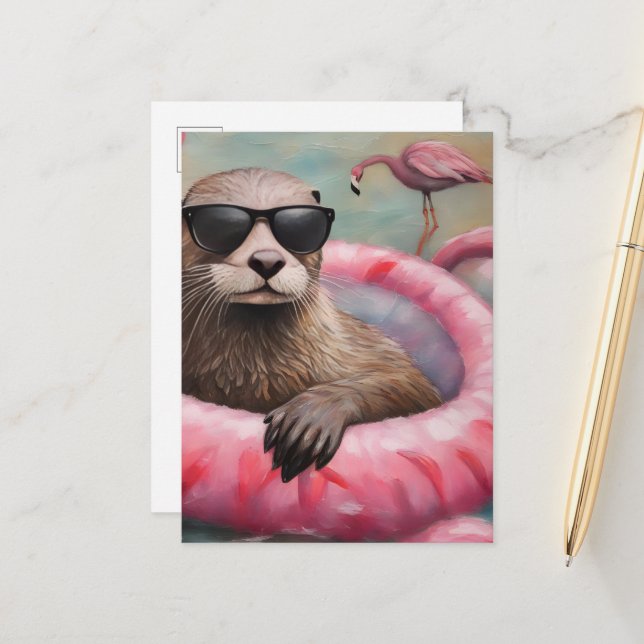Otter on a Pink Float Postcard (Front/Back In Situ)