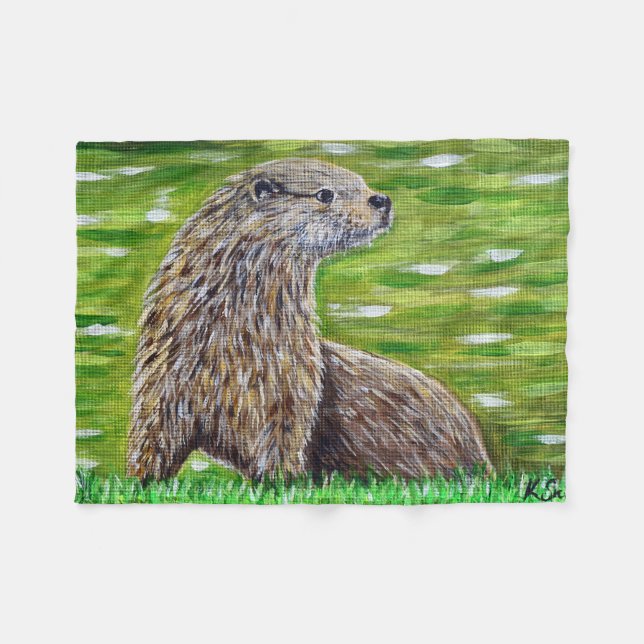Otter on a River Bank Painting Fleece Blanket (Front (Horizontal))