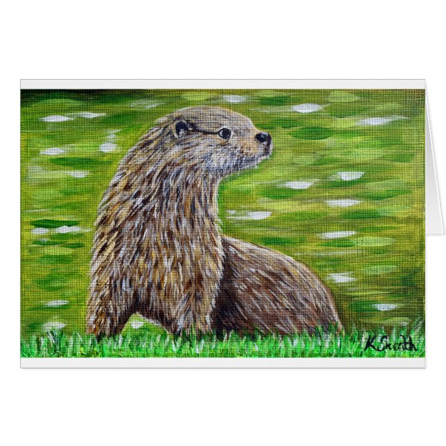 Otter on a River Bank Painting Greeting Card (Front Horizontal)