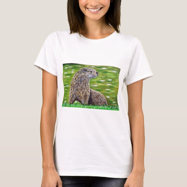 Otter on a River Bank Painting T-Shirt (Front)