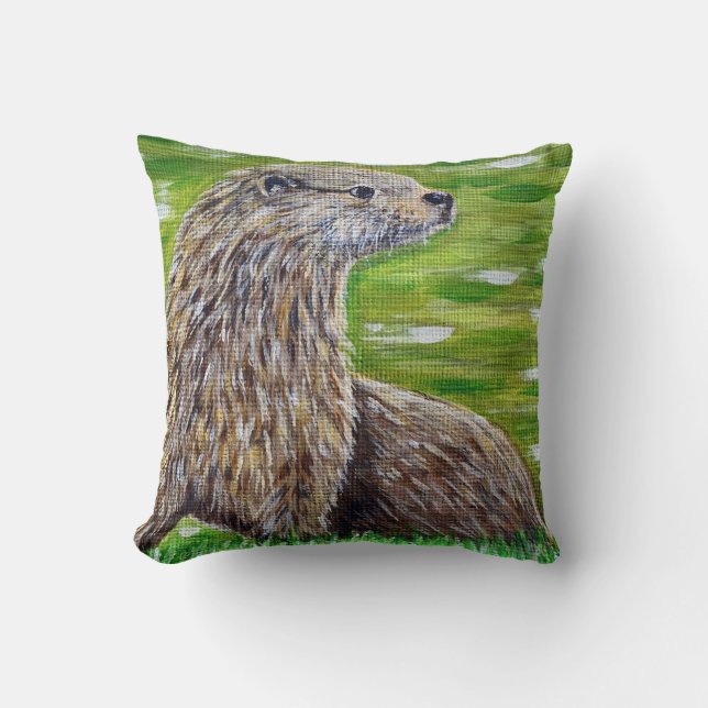 Otter on a River Bank Painting Throw Pillow (Front)