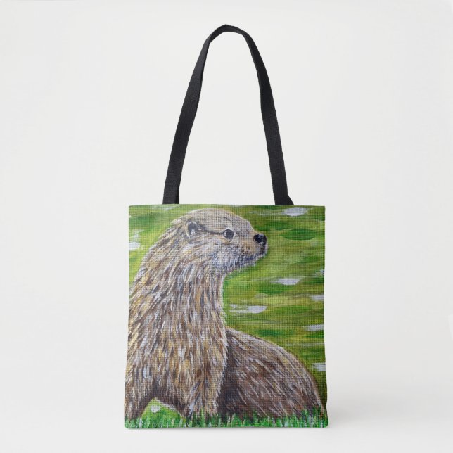 Otter on a River Bank Painting Tote Bag (Front)