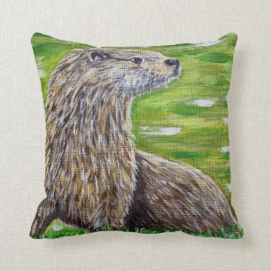 Otter on a River Bank Throw Pillow
