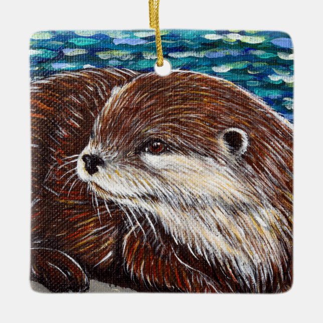 Otter on a Rock Painting Ceramic Ornament (Front)