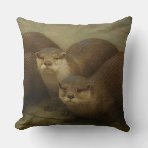 Otter Quartet – Playful Wildlife Art Print Throw Pillow