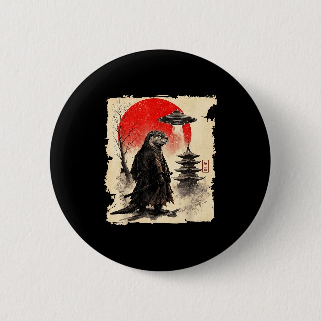 Otter Samurai Retro Ufo Japanese Warrior Art Graph 2 Inch Round Button (Front)