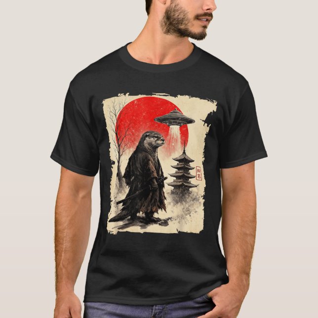 Otter Samurai Retro Ufo Japanese Warrior Art Graph T-Shirt (Front)
