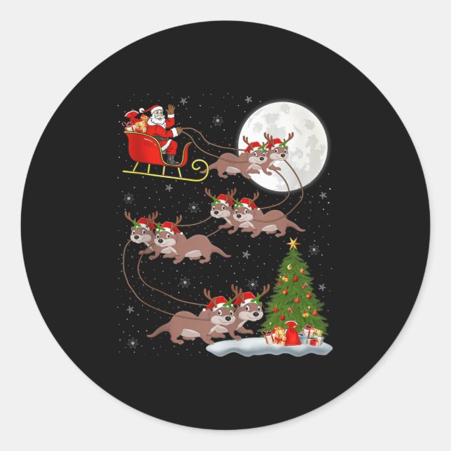 Otter Santa Sleigh Flying Funny Magical Christmas  Classic Round Sticker (Front)