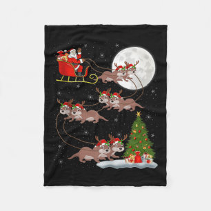 Otter Santa Sleigh Flying Funny Magical Christmas  Fleece Blanket