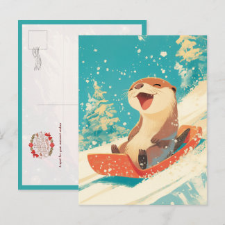 Otter Sledding in Snow Postcard