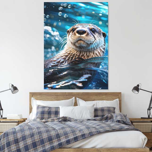 Otter Swimming Canvas Print (Insitu(Bedroom))