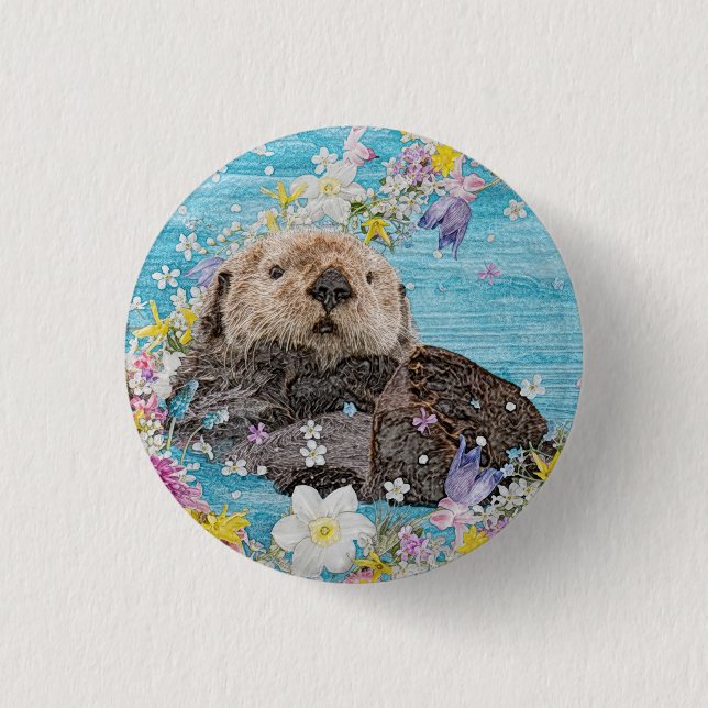 Otter Swimming in Flowers 1 Inch Round Button (Front)