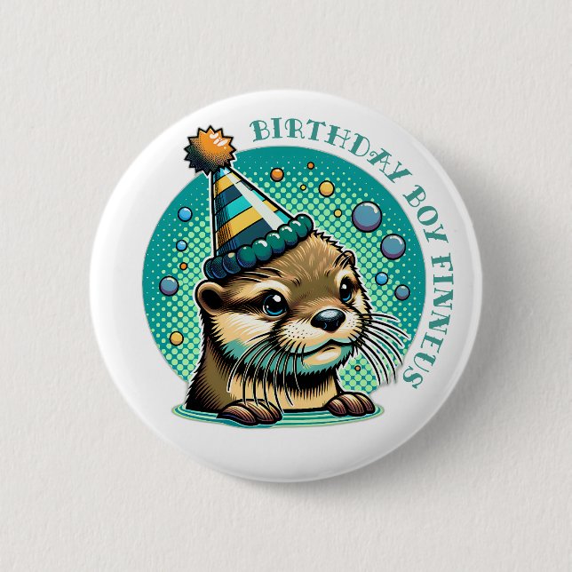 Otter Themed Blue Boy's Birthday Personalized 2 Inch Round Button (Front)