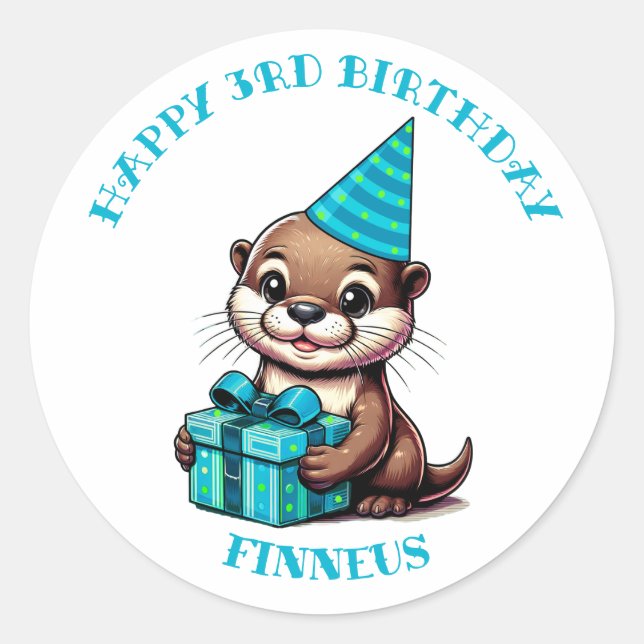 Otter Themed Boy's Birthday Personalized Classic Round Sticker (Front)