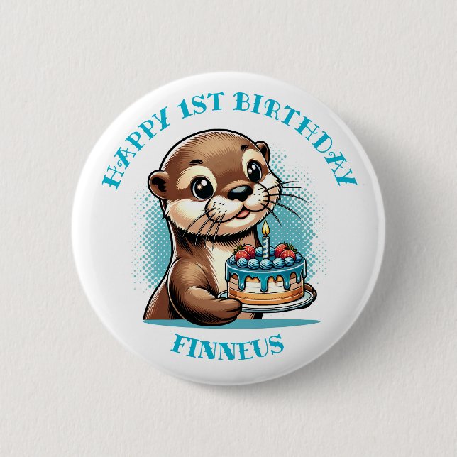 Otter Themed Boy's First Birthday Personalized 2 Inch Round Button (Front)