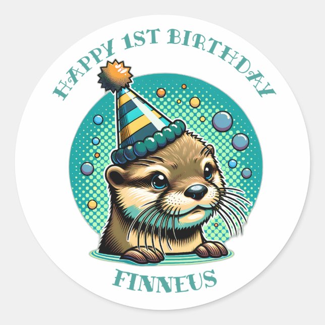 Otter Themed Boy's First Birthday Personalized Classic Round Sticker (Front)
