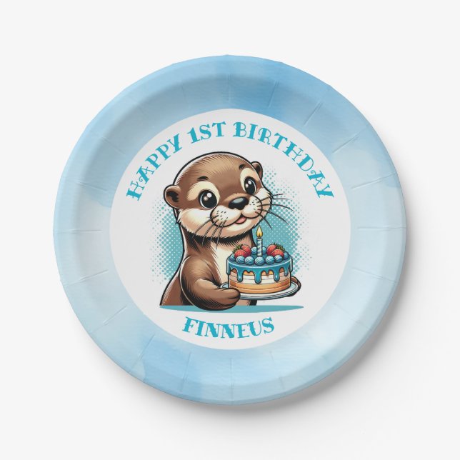 Otter Themed Boy's First Birthday Personalized Paper Plate (Front)