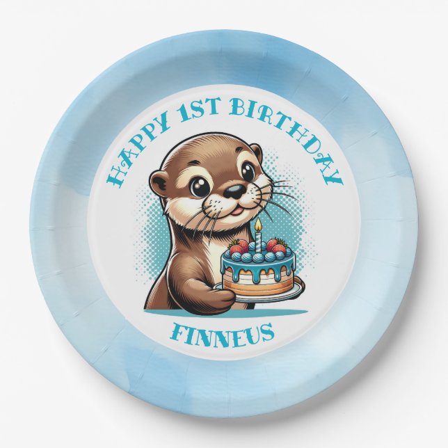 Otter Themed Boy's First Birthday Personalized Paper Plate (Front)
