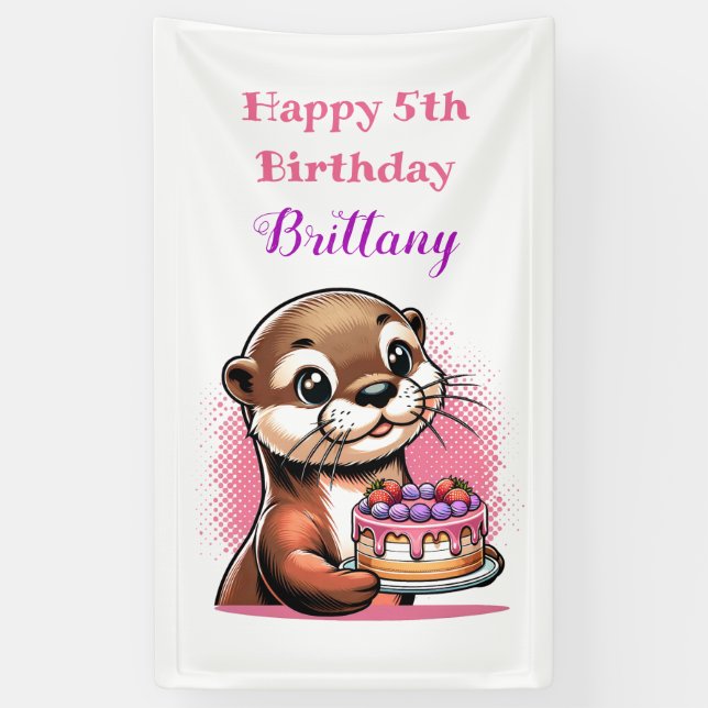 Otter Themed Girl's Birthday Party Banner (Vertical)