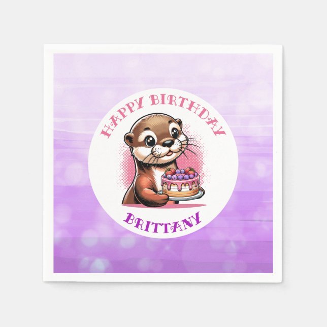 Otter Themed Girl's Birthday Party  Napkin (Front)