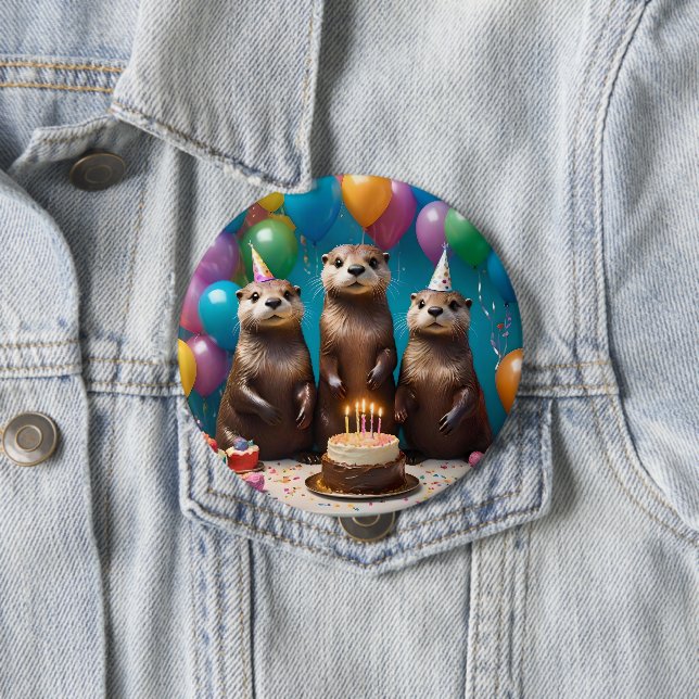 Otter Triplets Birthday Party, 4 Inch Round Button (In Situ)